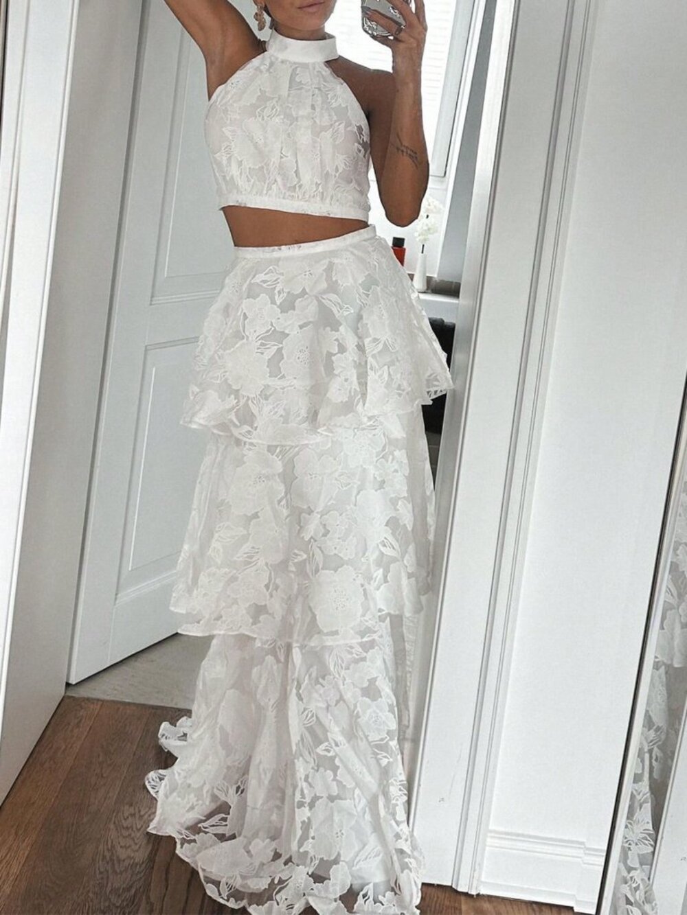 White Boho Women's Elegant Romantic Multilayer Cake Skirt Two Pieces - Picture 5 of 6